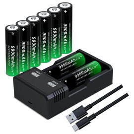 18650 Rechargeable Battery 3.7V Large Capacity 9900mAh Button Top for Headlamp Led Flashlight（8 Pack,18650 Battery+Charger