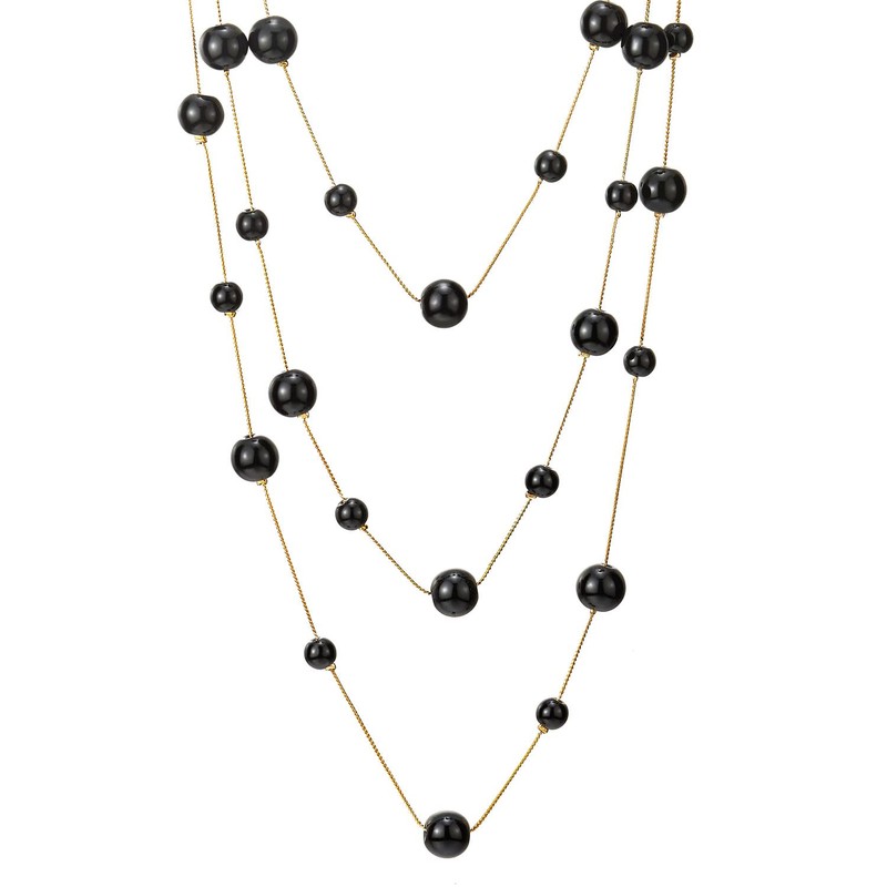 Gold White Statement Necklace Three-Strand Long Chains with Black Pearl