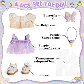 6 PCS Clothes for Popular Dolls - 17cm - Purple Butterfly Skirt + Beige Coat + Butterfly Clip + Rainproof Bag + Shoes +Ice Cream Bag - Premium Doll Outfit Accessories for Play & Display (No Doll)