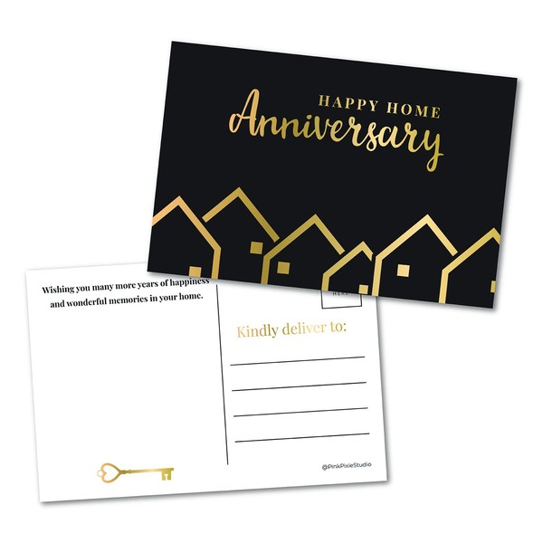 50 Happy Home Anniversary Realtor Postcards, Bulk Blank House Greetings, Real Estate Agent Thank You Notes, Houseiversary Card, Welcome Home Stationery Gifts for Clients (Gold Print not Foil)