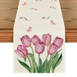Artoid Mode Eucalyptus Tulips Flower Vase Spring Table Runner Summer Seasonal Kitchen Table Decoration Indoor Holiday Party Decor 40 x 180 cm