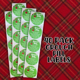 Grouch Grouch Pills 2” inch Labels for Green Candy | 40 Pack Stickers for Bags to Put Chocolates in Christmas Holiday Gift Tags Grouch Poop