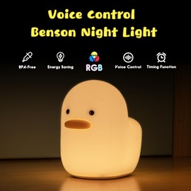 UNEEDE Voice Control LED Benson Night Light, Cute Duck Animal Silicone Nursery Night Light Rechargeable Table Lamp Bedside Lamp with Touch Sensor for Baby Girls Women Bedrooms, Living Room