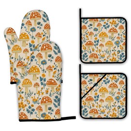 Cute Mushroom Forest Oven Mitts and Pot Holders,Floral Flower Heat Resistant Oven Mitts Gloves and Pot Holder for Home Kitchen Decorations Cooking Baking BBQ Gifts,Set of 4