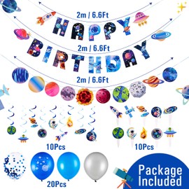 Easy Joy 72 PCS Outer Space Themed Party Decorations Solar System Happy Birthday Banners Planet Hanging Decors Balloons Streamers for Kids