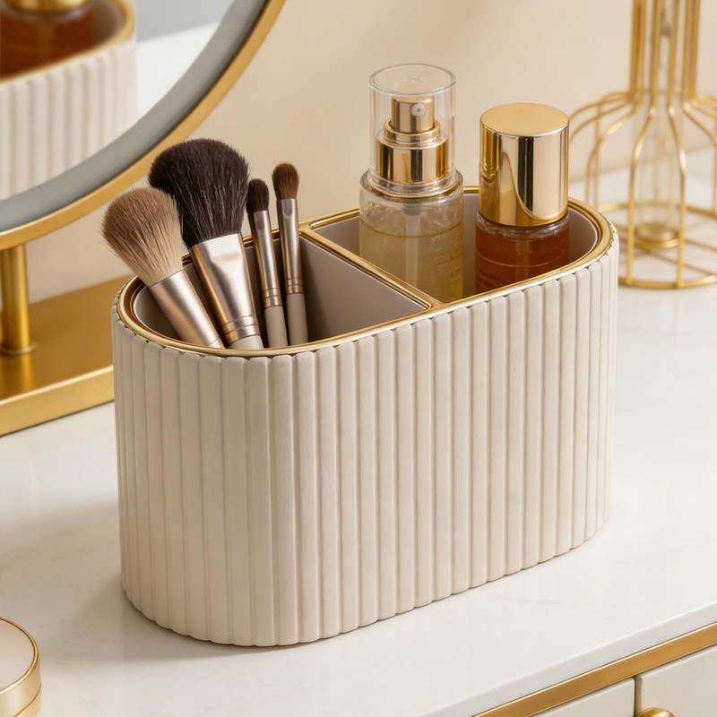 KINGFOM Makeup Brush Holder Organizer with Divider, PU Leather Vanity