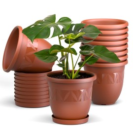 Blumentopf 10er Set 15 cm Durchmesser Terrakotta - runder Pflanzkübel mit Untersetzer aus Kunststoff - witterungsbeständiger Übertopf, großer Pflanztopf