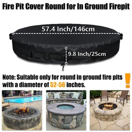 GoldenRaindrop Fire Pit Covers Round for In-Ground Fire Pit 52-56 inch Heavy Duty Weather-resistant 600D Waterproof Outdoor Firepits Cover, Built-In Stone Fire Pits All-Season Protective Cover, Black