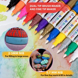 Acrylic Marker Pen, Acrylic Paint, Water-Based Pen, Paint Marker, Color Pen, Soft Tip, Brush/Fine Point, Water Resistant, 12 Colors, Multiple Colors, Beginners, Art Supplies, DIY Album, Stone, Pebbles, Ceramic, Glass, Wood