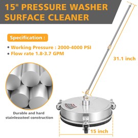 FUJIWARA 15" Pressure Washer Surface Cleaner with 3 Wheels,Stainless Steel Housing Power Washing Accessory,2 Extension Wands,2 Replacement Nozzles,4000PSI for Cleaning Patios,Driveways,Decks Sidewalks