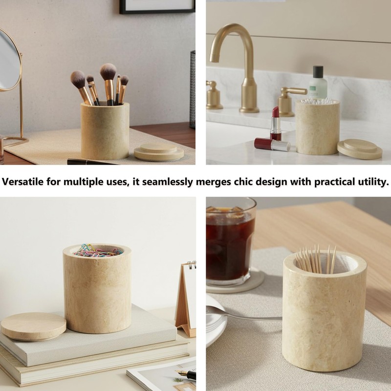 4.55" Travertine Qtip Swab Holder Easy-Lift Lid Bathroom Storage Canister