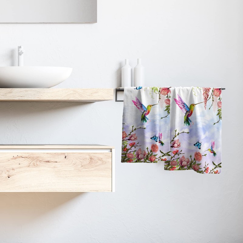 Pink Floral Hand Towels Set of 2 Hummingbird Butterfly Soft