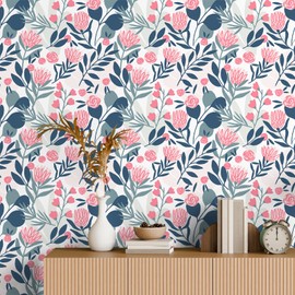 VaryStyle 17.7"x118" Abstract Floral Wallpaper Pink/Green Eucalyptus Leaf Floral Peel and Stick Wallpaper for Girls Bedroom Bathroom Waterproof Removable Vinyl Flower Contact Paper for Walls Shelves