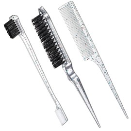 Geiserailie 3 Pcs Slick Back Hair Brush Set Bristle Hair Brush Edge Control Brush Teasing Comb for Women Black Hair(Clear Colorful)