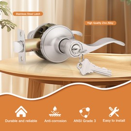 Probrico (4 Pack Wave Style Keyed Alike Entry Levers, Keyed Reversible Door Handles with Lock and Same Keys, Exterior Interior Entry Locks in Satin Nickel Finish