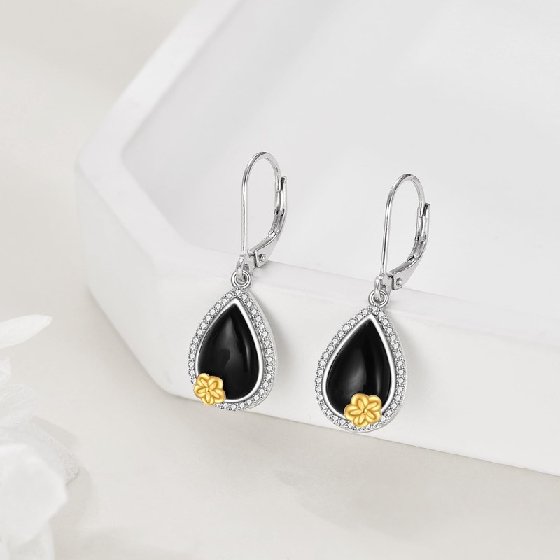 YFN Black Onyx Tear Drop Earrings Sterling Silver Agate Dangle