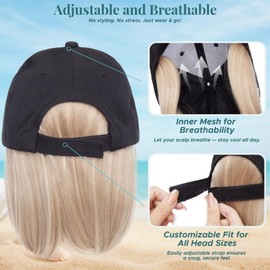 MY-LADY Hat Wig Hat with Hair Attached for Women Baseball Cap with Hair Extensions Adjustable Short Straight Synthetic Hairpiece 5" Black Cap to 16P613