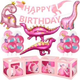 Dinosaur Birthday Party Decorations Kit for Girls, Pink Dinosaur ROAR Themed Happy Birthday Banner 4pcs Foil Dino Balloons Boxes 16PCS Dinosaur Balloons for Baby Girls Jungle Birthday Party Supplies