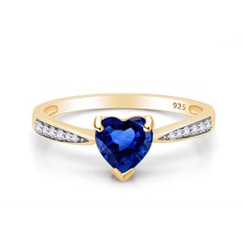AFFY Simulated Blue Sapphire & White Cubic Zirconia Solitaire Heart Promise Ring 14k Yellow Gold Over Sterling Silver Gift For Her Ring Size-9