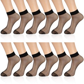12 pares de calcetines de tobillo transparentes de nailon fino transparente al tobillo, calcetines cortos de vestir para mujeres y niñas, Negro -, L