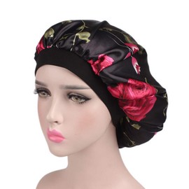 Tvoip 1Pcs Hair Satin Bonnet For Sleeping Shower Cap Silk Bonnet Bonnet Femme Women Night Sleep Cap Head Cover Wide Elastic Band (Black Flower)