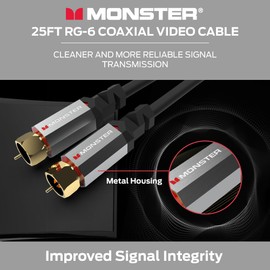 Monster Essentials RG-6 Coax Cable with Gold-Plated F-Pin Coaxial Cable Connector - High Speed Internet Cable with Duraflex Jacket and Metal Shielding, 25ft