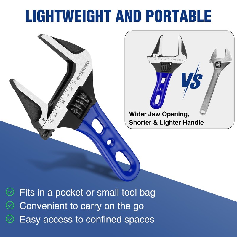 WORKPRO 6-Inch Stubby Adjustable Wrench, 1.5-Inch Extra Wide Jaw Opening