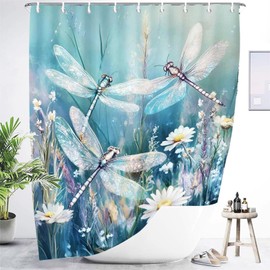 Dragonfly Shower Curtain, 1-Pack Dragonfly Bathroom Shower Curtain, Blue Vintage Plant Abstract Fabric Bathroom Decoration, 72x72 Inch Waterproof Polyester Insulation Home Accessories