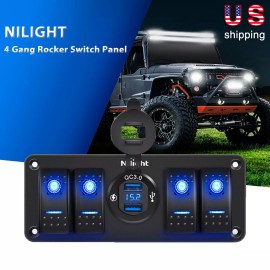 Nilight 4 Gang Rocker Switch Panel QC3.0 Dual USB Charger Voltmeter for Car Boat