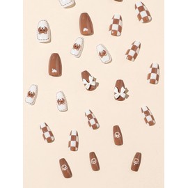 Salon Quality Elegant False Nails 24pcs Fancy Press On Nail incl. 1 sheet tape (Teddy Bear 3D Bow Checkered Long Square)