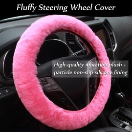 9-Pack Fluffy Car Accessories Set,Silence Shopping Fluffy Steering Wheel Cover Winter Warm Fur Steering Wheel Cover Fuzzy Car Decoration Accessories for Women Girls (Pink)