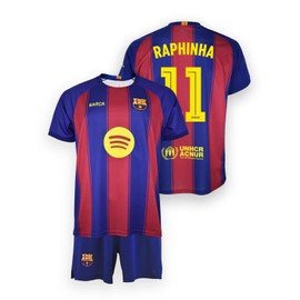 FC Barcelona Maglietta e Pantaloni Unisex per Bambini, 8 Anni, Blaugrana, 100% Poliestere, Taglio Regolare, Manica Corta, Prima Stagione 25/26 Raphinha