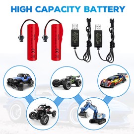 AMZZN 2PCS 3.7V 3000mAh Li-ion Battery with SM-2P Plug and USB Charging Cable for DE42 DE44 DE45 DE68 RC Car,Drifting Car Truck Toy Off-Road Racing Car Battery