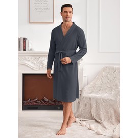 Ekouaer Mens Robes Lightweight Waffle Knit Spa Bathrobe Soft Kimono Shower Robe V Neck Long Sleeve Sleepwear with Pockets