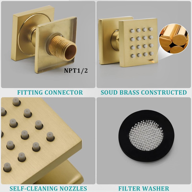 Brushed Gold 4 Pack HOMEDEC 2inch Brass Square Massage Shower