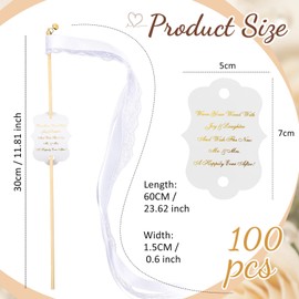 100 Pcs Wedding Ribbon Stick Wands with Lace Bells and 100 Pcs Wedding Send off Tags Wedding Gold Fairy Wand Streamer for Wedding Valentines Baby Shower Party Holiday Celebration (White)