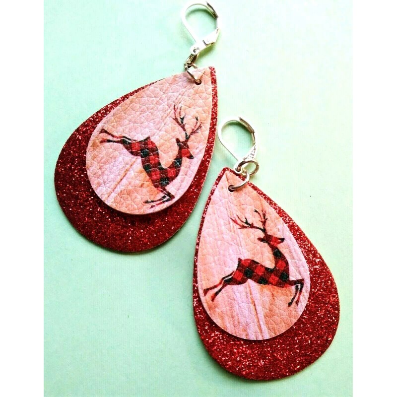 handcrafted CHRISTMAS DEER glitter red PU Leather dangle earring SP