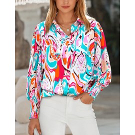 Okiwam Womens Casual V Neck Boho Blouse Long Puff Sleeve Floral Print Chiffon Shirts Colorful Summer Fall Tops 2024