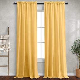 Yellow Gold Linen Curtains 63 Inch Length for Kitchen 2 Panels Rod Pocket Bright Pop Colored Gourmet Semi Sheer Mustard Golden Yellow Curtain for Bedroom Living Room Office Marigold Spring Fall Decor