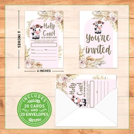 Weifuju Holy Cow Baby Shower Invitations for Girl, Girl Pink Cow Baby Shower Invitations Boho Baby Shower Party Invites Card, 20 Invites with Envelopes (4"x6")