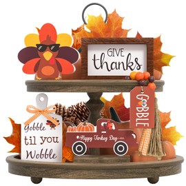 Thanksgiving Tiered Tray Decor - Give Thanks Turkey Wooden Signs Bead Garland Table Signs Farmhouse Decorations for Thanksgiving Party Home Kitchen Office