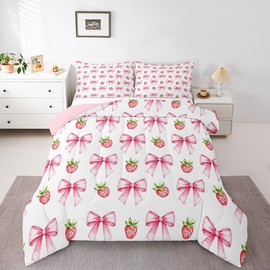 Pink Bowknot Kids Comforter Set Full Size,Strawberry Summer Fruit Toddler Bedding Set,Girls Women Room Decor,Bow Tie Butterfly Knot Princess Down Comforter,Cartoon Cute Duvet Insert,2 Pillowcases