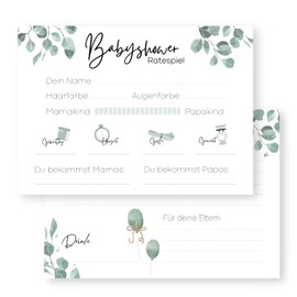 Baby Shower Games (25 Cards - Printed on Both Sides) - German - Baby Shower Games for Boys and Girls - Decorative Baby Shower Party Game - Eucalyptus