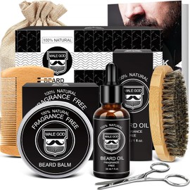 MALE GOD Kit de Barba - Set de Aseo con Aceite y Bálsamo Orgánicos, Cepillo y Peine de Madera, Tijeras, Caja de Regalo de Lujo, Bolsa de Nylon - Regalo Perfecto para Hombres