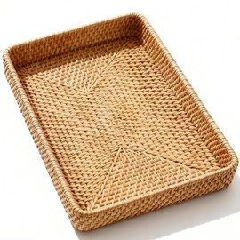 KALEKAIL Rattan Serving Tray, Woven Wicker Rectangle Tray Shallow Basket for Organizing, Rattan Baskets for Coffee Table, Kitchen Counter, Bathroom, Organizing and Storage (14.6 x 9.1 inch)