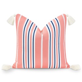 Hofdeco Premium Coastal Patio Indoor Outdoor Throw Pillow Cover Only, 18"x18" Water Resistant for Backyard, Couch, Coral Pink Navy Blue Stripe Tassel