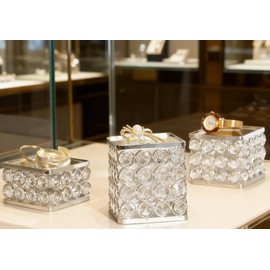 Feyarl 3 Pcs Crystal Jewelry Watch Display Stands Mirrored Risers Decorative Perfume Figurine Collectible Display Stand Holder for Store Table Wedding Home Décor (Silver)