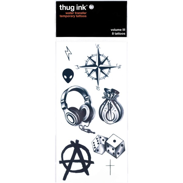 Thug Ink Temporary Tattoos - Volume III - 8 Temporary Tattoos ~ Face Tattoos ~ Money Bag, Compass, Alien Head, etc~ Thug Life ~ Fake Tattoos ~ Water-transfer Tattoos