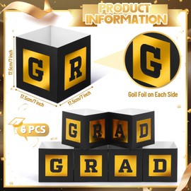 6 Pcs Black and Gold Graduation Table Centerpieces Boxes 7 x 7 x 7 Inch Class of 2025 Congrats Grad Flower Boxes School College Party Photo Props for 2025 Graduation Table Home Decorations