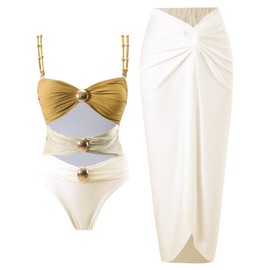 YUNIDMEIM Women's One Piece Swimsuit with Cover up Set Beach Wrap Skirt Retro Bikini Set Two Piece Bathing Suit with Cover up